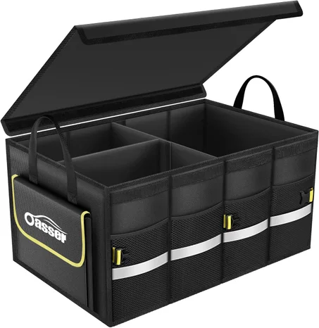 Oasser Organizador de maletero de automóvil, 3 compartimentos, plegable, impermeable, organizador de coche con cubierta plegable, tira reflectante,