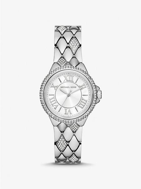 MICHAEL KORS MINI SILVER CAMILLE WATCH WITH PAVE STONES ساعة مايكل كورس كميل صغيرة فضية مزينة بأحجار بافيه