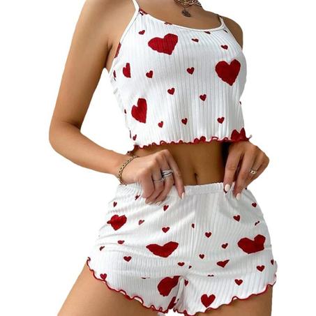 Women’s 2-Piece Pajama Set – Short Tank Tops and Shorts Sleepwear with Love Printing طقم بيجاما نسائي من قطعتين – توب بدون أكمام وشورت نوم مع طباعة حب باللون الأبيض