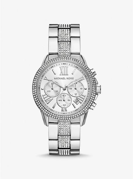 MICHAEL KORS OVERSIZED SILVER BRYNN WATCH WITH PAVE STONES ساعة مايكل كورس براين كبيرة الحجم فضية مزينة بأحجار بافيه