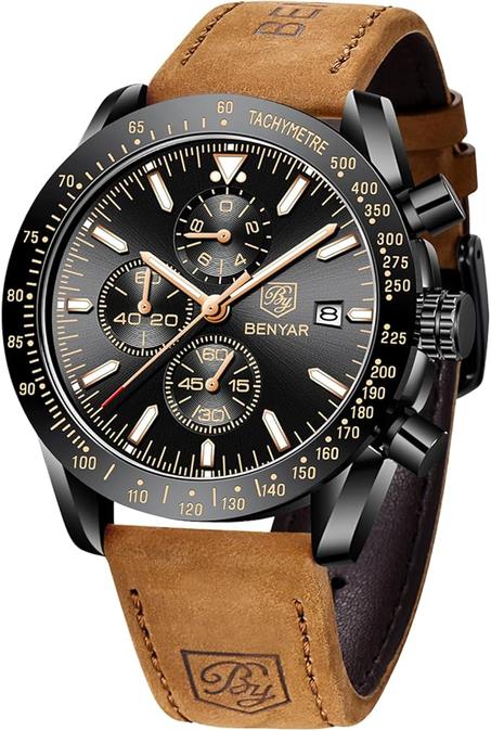 باي بنيار ساعة كرونوغراف مقاومة للماء حتى عمق 100 متر للرجال بسوار جلدي بني وحركة كوارتز، ساعة انالوج بعقارب مناسبة للعمل وكاجوال، هدية للرجال