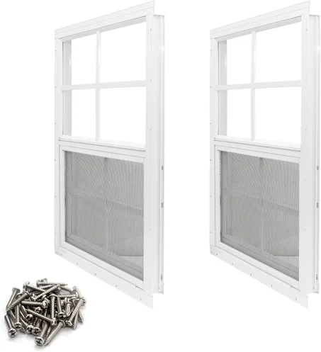 NeatiEase Paquete de 2 ventanas para cobertizo, ventana de montaje empotrado de 12 x 18 pulgadas con vidrio templado y pantalla de fibra de vidrio para cobertizo, gallinero, casa de juegos, h
