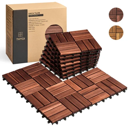 10 azulejos de madera de acacia de primera calidad que se entrelazan (12 x 12 pulgadas), suelos de cubierta al aire libre, impermeables para todo tipo de clima, azulejos para patio