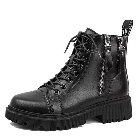 Bottines en cuir PU à Double fermeture éclair pour femmes, chaussures à lacets à bout rond, mode moto plate-forme, automne hiver