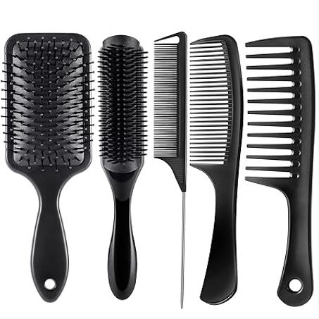 SALONSILK - Juego de cepillo y peine para el cabello para mujeres y hombres, 5 piezas, cepillo de pelo de pala, cepillo de peinado y peine, ideal para mojado o seco, no más enredos para rizos