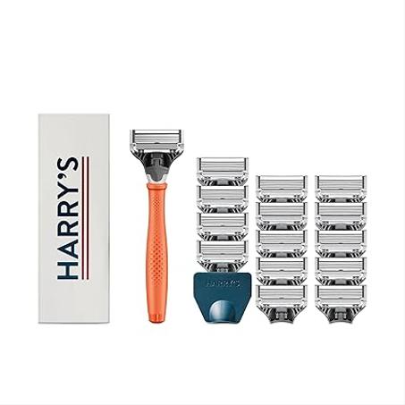 Harry's Kit de afeitado para hombres, mango de afeitar, 15 repuestos de cuchillas de afeitar y cubierta de hoja de viaje, color naranja