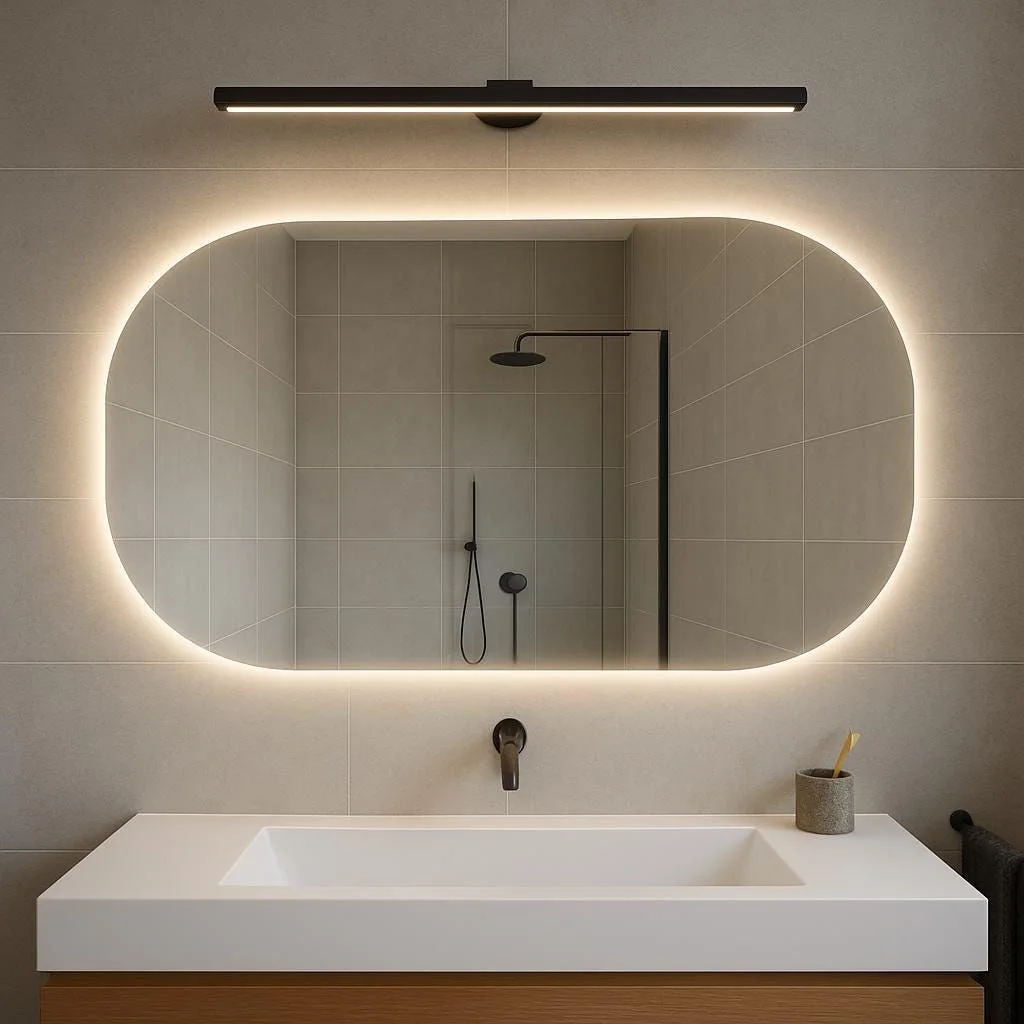 مرآة بيضاوية بإضاءة LED ناعمة، مثالية للحمّام، تجمع بين الأناقة والعملية.