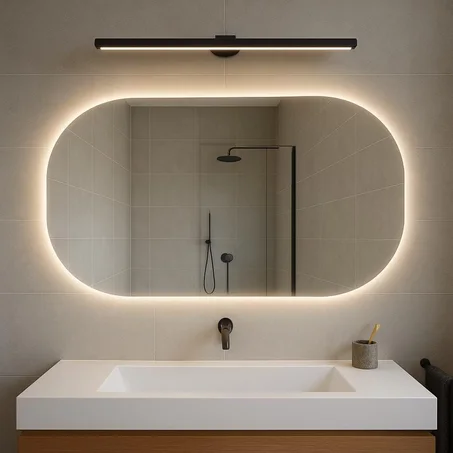مرآة بيضاوية بإضاءة LED ناعمة، مثالية للحمّام، تجمع بين الأناقة والعملية.