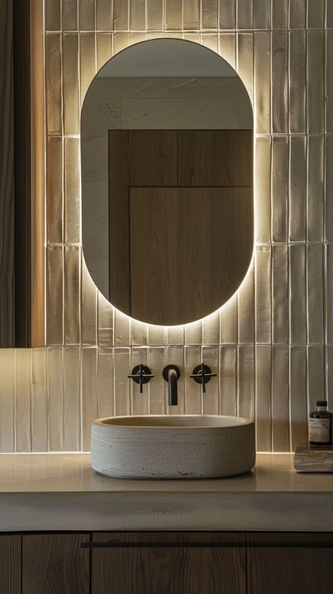 مرآة حمّام مقوّسة بإضاءة LED محيطية – تصميم فندقي فاخر