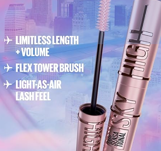 ماسكارا سكاي هاي قابلة للغسل من ميبلين نيويورك لزيادة الرموش وتكثيفها وإطالتها وتحديدها وتمويجها ومضاعفتها، تتوافر باللون الأسود الداكن وبحجم 7 مل مل