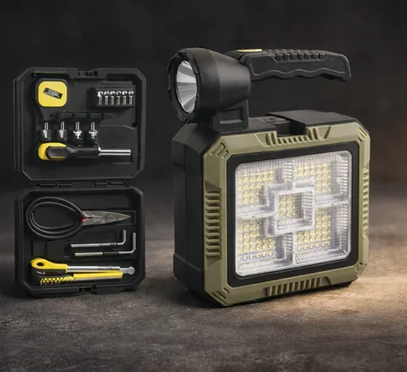 مصباح شمسي نقال مع صندوق أدوات متعدد الوظائف