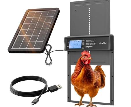 باب حظيرة دجاج اوتوماتيكي يعمل بالطاقة الشمسية من اوكوبي - شاشة LCD - باب حظيرة الدجاج مع جهاز تحكم عن بعد ومستشعر ضوء ومؤقت - امان وراحة البال: وظيفة مضادة للقرص - حماية لمدة 5 سنوات