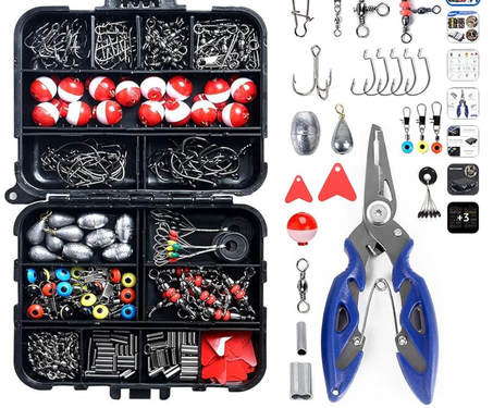 مجموعة ملحقات صيد السمك من ايكام مع صندوق للعدد، تتضمن خطافات بشكل اخطبوط وخطافات صيد واوزان صيد وشرائح وملعقة وطعوم مناسبة لصيد الاسماك في المياه العذبة والمالحة - 263 قطعة