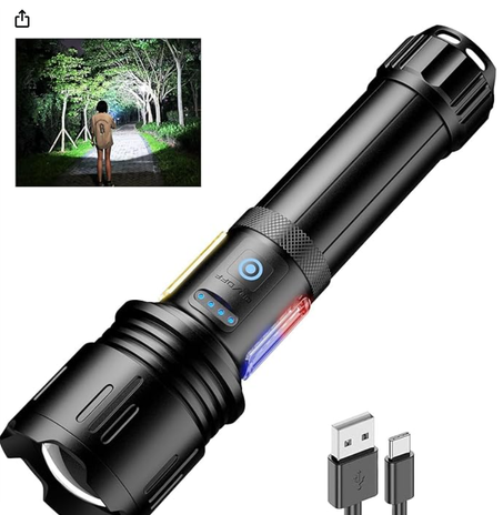 مصباح يدوي ليد عالي 30000 لومن قابل لاعادة الشحن، 10 اوضاع اضاءة مع مصباح عمل سي او بي، مقاوم للماء وقابل للتكبير للتخييم والمشي لمسافات طويلة والطوارئ والمشي الليلي والصيد