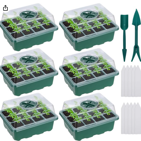 صينية بدء البذور من ليرواي 6 عبوات مجموعات الشتلات مع قباب رطوبة وقاعدة محطة إكثار صغيرة للصوبة الزراعية الداخلية لنمو بدءًا 12 خلية لكل أخضر انك بيرد خشب السنط