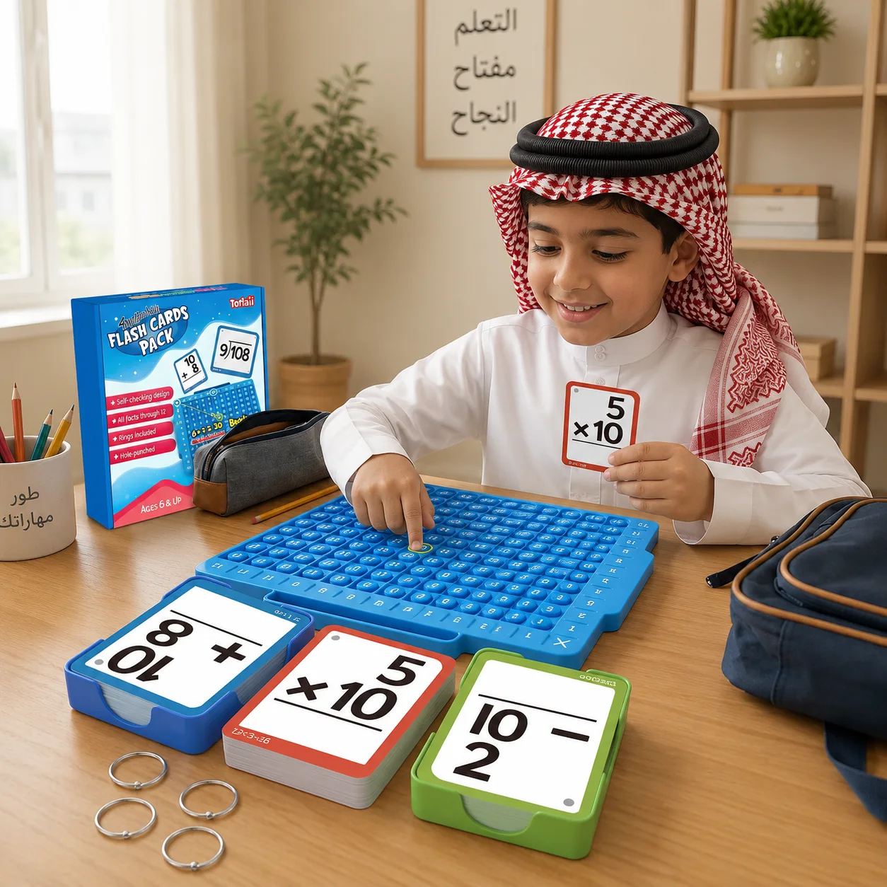 مجموعة بطاقات تعليمية في الرياضيات مع لوحة حسابية - الجمع والطرح والضرب والقسمة