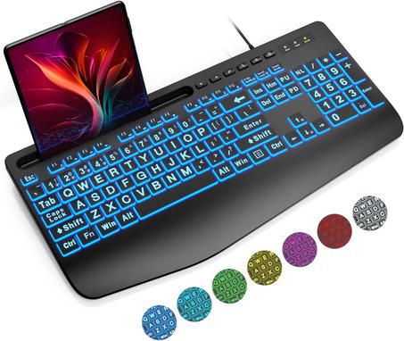 SABLUTE Teclado retroiluminado de impresión grande, teclados de computadora USB con cable con retroiluminación de 7 colores, reposamuñecas, soporte para teléfono, teclas de letras de gran tam
