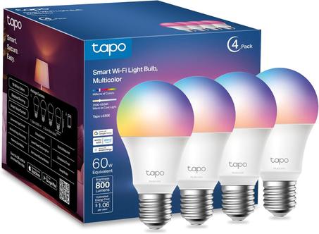 TP-Link Tapo - 4 bombillas inteligentes, 16 millones de colores RGBW, regulables, compatibles con Alexa/Google Home, A19 (60 W), 800 lm, CRI > 90, solo WiFi de 2.4 gHz, no requiere concentrad