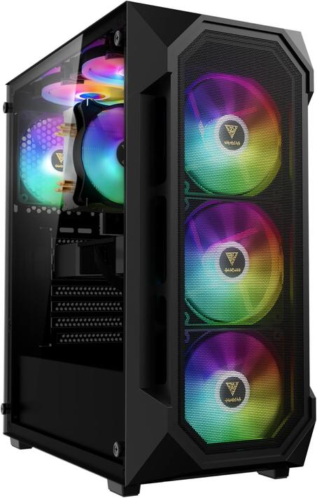 GAMDIAS Carcasa de PC ATX de media torre para juegos de vidrio templado, 4 ventiladores ARGB integrados de 4.724 in, malla de flujo de aire frontal, ventiladores de hasta 0.236 x 4.724 in, GP