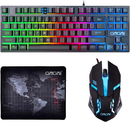 CHONCHOW Combo de teclado y mouse TKL para juegos de 87 teclas, teclado retroiluminado LED con cable de arco iris 800-3200 DPI RGB, juego para PS4, Xbox, PC, portátil, Mac