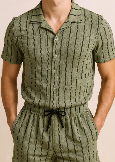 اونسوبل رجالي صيفي مريح بنقشة خطوط متموجة – قميص وشورت - 🌴Summer vibes🏖️