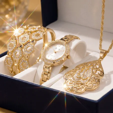 ✨ طقم إكسسوارات نسائي فاخر باللون الذهبي ✨