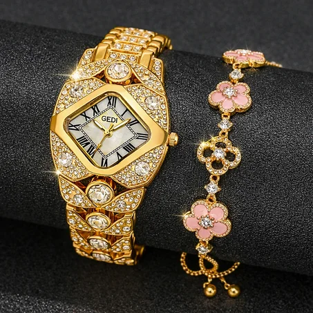 ساعة نسائية فاخرة مرصّعة + سوار هدية 🎁