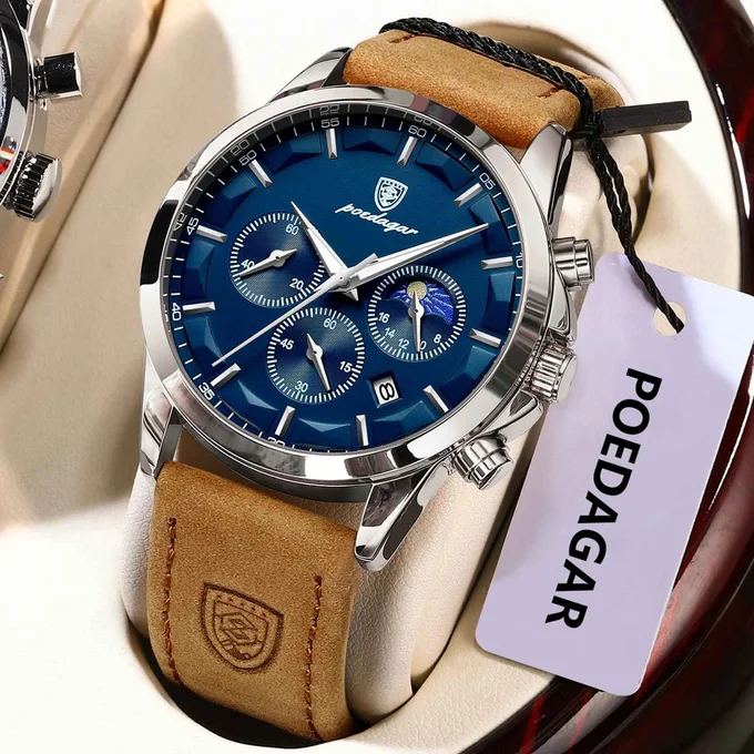 ساعة رجالية فاخرة برباط جلدي وكرونوغراف كوارتز-Men’s Leather Strap Chronograph Quartz Watch
