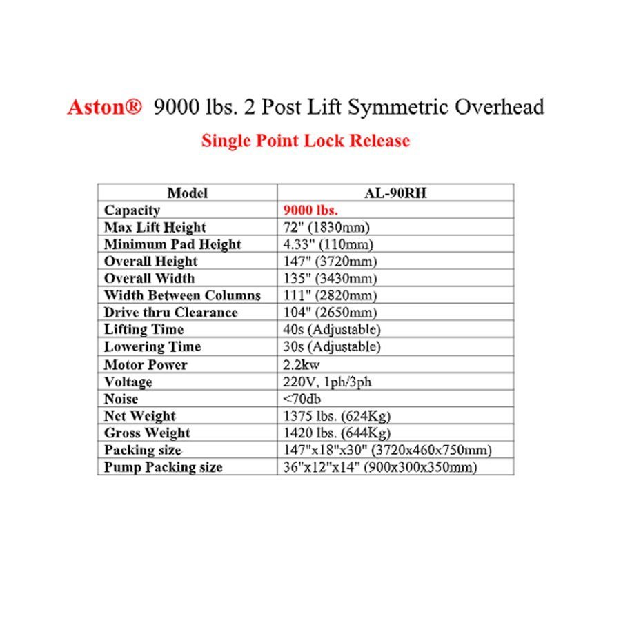 Aston® 9000 lbs. 2 Post Lift Symmetric Overhead Single Point Lock Release