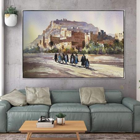 Peinture décorative marocaine traditionnelle / Peinture murale pour la maison, le salon ou la chambre / Kasbah Ait Ben Haddou à Ouarzazate
