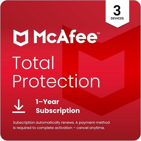McAfee Total Protection 3 Dispositivos 2025 | Suscripción de 1 año con renovación automática | Software de seguridad que incluye antivirus, VPN segura, administrador de contraseñas y monitore