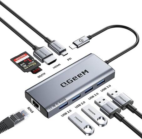 QGeeM USB C Hub Ethernet, 9 en 1 USB tipo C Hub Adaptador convertidor multipuerto HDMI, 100 W Pd, USB 3.0, lector de tarjetas SD/TF, compatible con MacBook Pro Air Ipad HP Dell Lenovo Chromeb