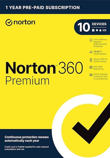 Norton 360 Premium 2025, software antivirus para 10 dispositivos con renovación automática. Incluye VPN, copia de seguridad en la nube para PC y monitoreo de la Dark Web [Tarjeta de clave]