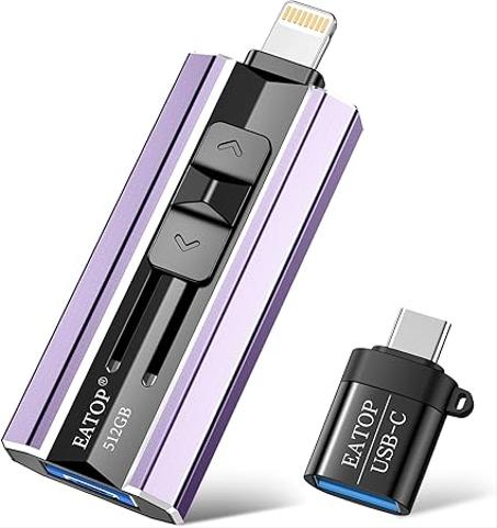 Unidad flash de 512 GB para iPhone, iPad, Android y computadoras. 4 en 1: almacenamiento de fotos y videos en el teléfono. Copia de seguridad fácil. Conecta y listo. No requiere aplicación (m