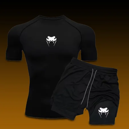 طقم رياضي رجالي ضاغط سريع الجفاف، تيشيرت قصير وشورت بطبقتين صيفي للجري واللياقة