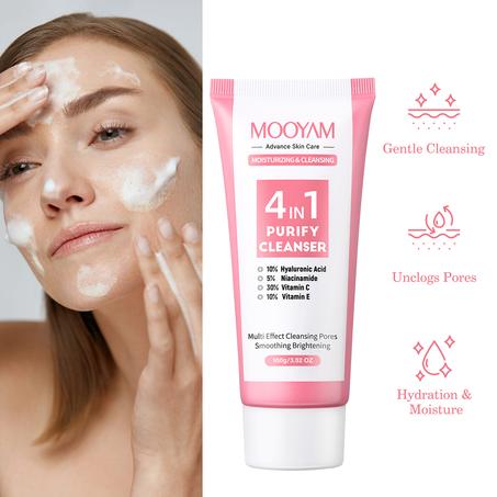 منظف ​​الوجه 4 في 1 مع حمض الهيالورونيك والنياسيناميد وVC VE Beauty Pore CleanوDiem Controlوشد البشرة من MOOYAM بسعر الجملة