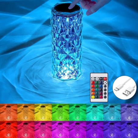 مصباح كريستال HONGMAO - مصباح كريستال وردي يعمل باللمس مع منفذ USB | مصباح طاولة ماسي متغير الألوان بإضاءة LED ليلية بـ 16 لونًا