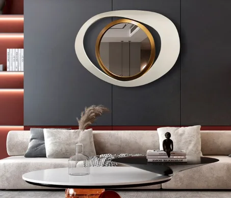 مرآة حائط هندسية عصرية 45*60 سم، لون أبيض دافئ وذهبي، ديكور مثالي لمنزلك