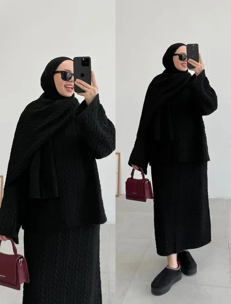 طقم أنيق من ثلاث قطع – تنورة طويلة مع كاشكول فاخر –