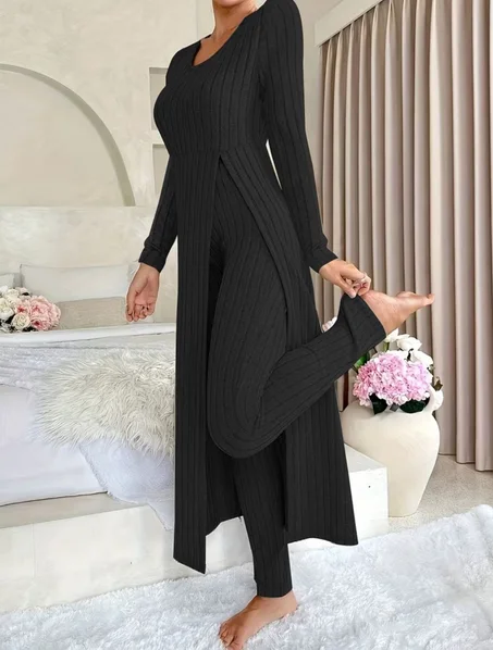 Ensemble Tunique Longue Fendue et Pantalon en Maille Côtelée