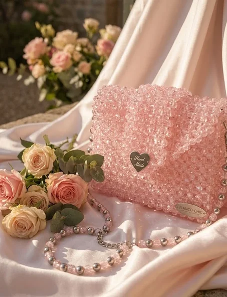 حقيبة "بلانكو-شيك" المصنوعة يدوياً بالخرز الأكليريك الوردي