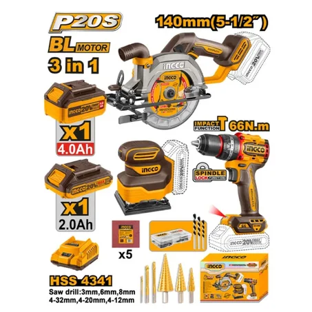 Kit Combo Sans Fil 20V INGCO UCOSLI241193 | Scie, Perceuse & Ponceuse
