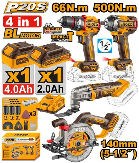 Kit Combo Sans Fil 20V INGCO COSLI241169 | 4 Outils Brushless
