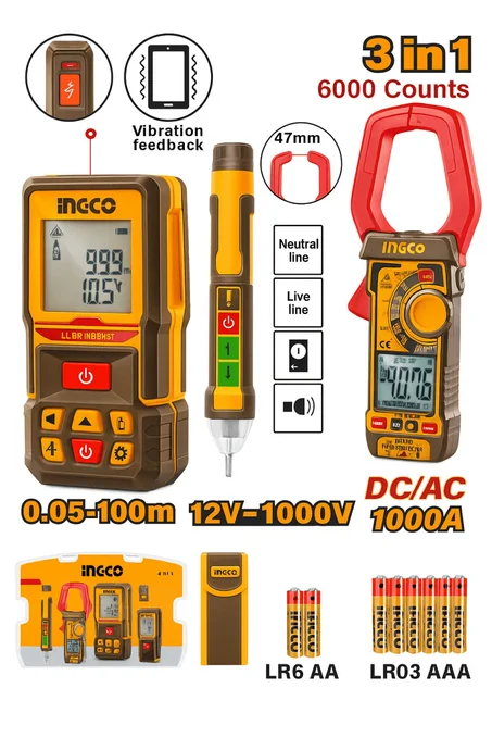 Kit de Mesure Professionnel INGCO HLDD241202 – Télémètre Laser 100 m + Pince Ampèremétrique + Détecteur de Tension