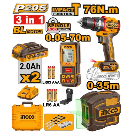 INGCO Pack Visseuse 76NM + Telemetre Laser 70M + Niveau Laser 2L – COSLI250511