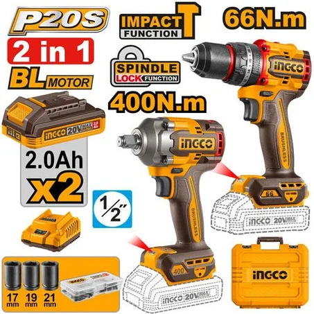 Kit Combo Sans Fil 20V INGCO CKLI20275 | Perceuse Brushless + Clé à Chocs