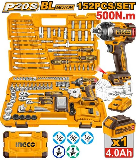 Coffret Clé à Choc Sans Fil 20V INGCO HKTHP31521 – 152 Pièces | 650Nm Haute Puissance