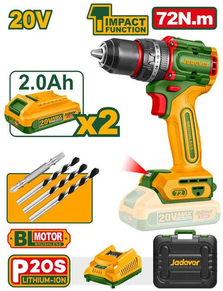 Perceuse à Percussion Brushless 20V JADEVER JDCDP7281 | 72 Nm + 2 Batteries