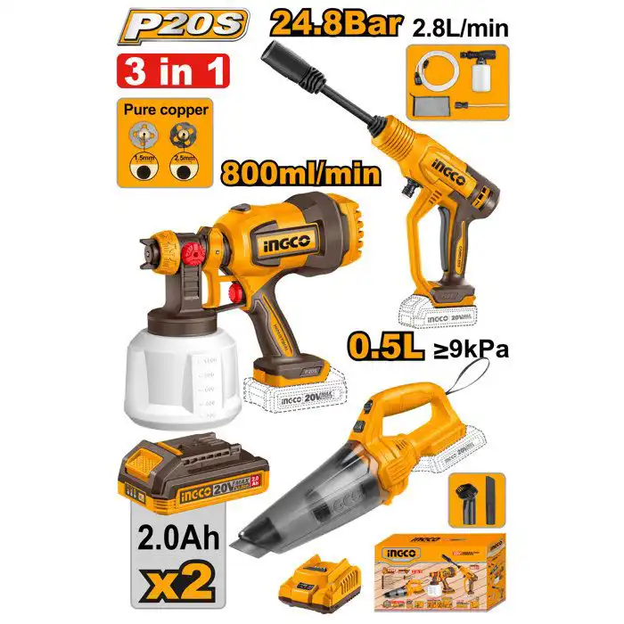 Pack Nettoyage 3 Outils 20V INGCO COSLI230522 | Aspirateur, Pulvérisateur & Nettoyeur Haute Pression