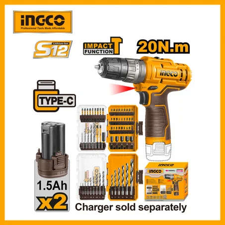 Perceuse-Visseuse à Batterie 12V 1.5Ah INGCO COSLI241197 | Kit 64 Accessoires
